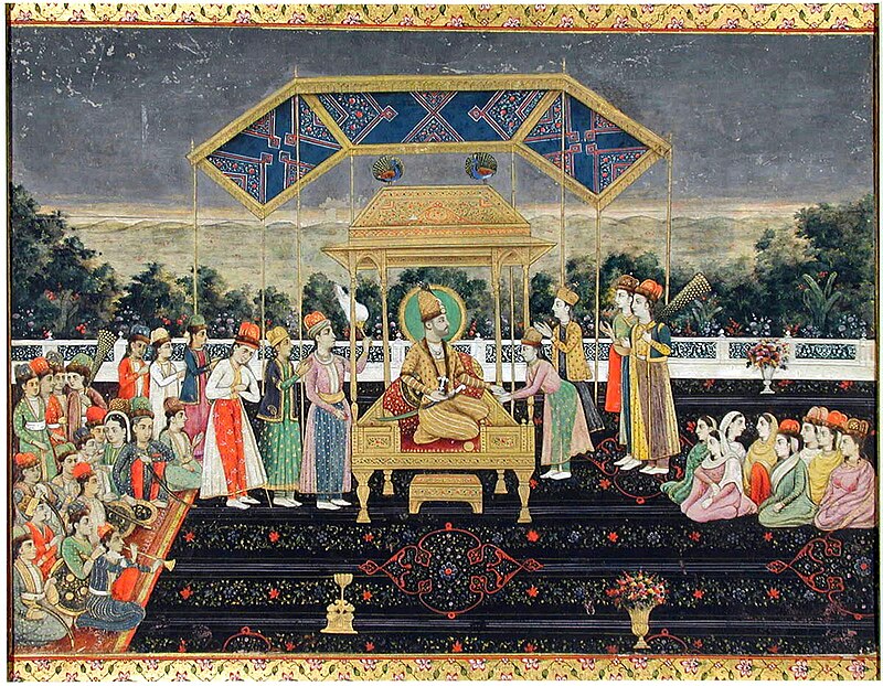 Nadir_Shah_on_the_Peacock_Throne_after_his_defeat_of_Muhammad_Shah._ca._1850,_San_Diego_MOA